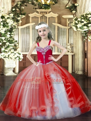 New Arrival Floor Length Lace Up Little Girls Pageant Dress Red for Party and Quinceanera with Beading