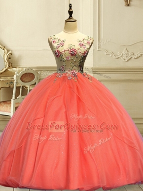 Orange Red Organza Lace Up Quinceanera Gowns Sleeveless Floor Length Appliques