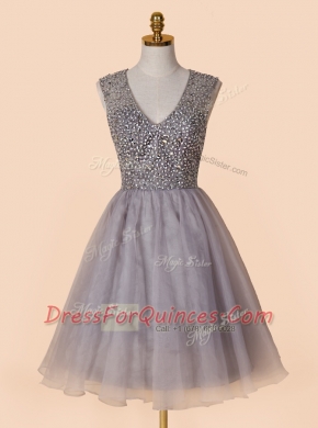 Sequins Knee Length Grey Prom Evening Gown V-neck Sleeveless Zipper