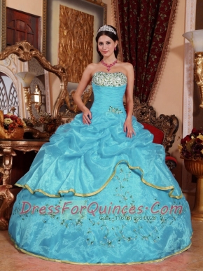 Sweet 16 Dresses In Aqua Blue Ball Gown Strapless With Organza Appliques