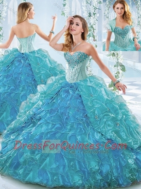 Beautiful Organza Blue Detachable Quinceanera Dresses with Ruffles and Beading
