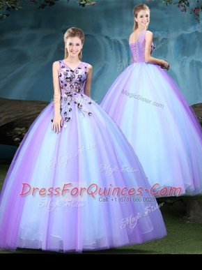 Simple Tulle Sleeveless Floor Length Quince Ball Gowns and Appliques