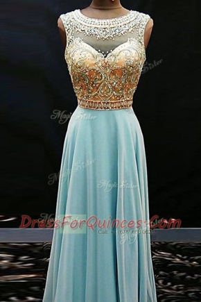 Scoop Floor Length Aqua Blue Chiffon Sleeveless Beading