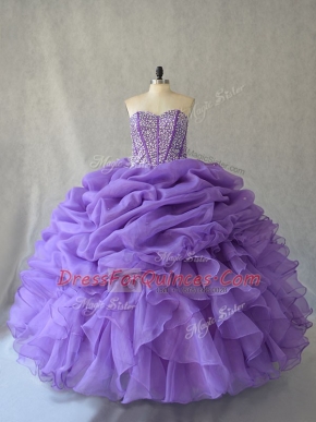 Floor Length Lace Up Quinceanera Gowns Lavender for Sweet 16 and Quinceanera with Beading and Ruffles and Pick Ups