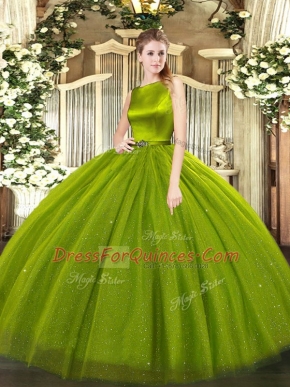 Floor Length Olive Green Vestidos de Quinceanera Scoop Sleeveless Clasp Handle