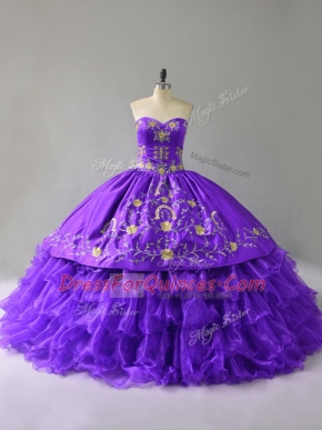 High Class Purple Sweetheart Neckline Embroidery and Ruffles 15th Birthday Dress Sleeveless Lace Up