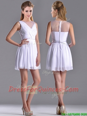 Fashionable See Through Scoop White Prom Dress with Ruching