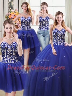 Four Piece Sweetheart Sleeveless Lace Up Sweet 16 Dress Royal Blue Tulle