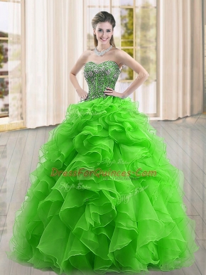 Colorful Green Organza Lace Up Sweetheart Sleeveless Floor Length 15 Quinceanera Dress Beading and Ruffles