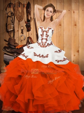 New Arrival Satin and Organza Sleeveless Floor Length Quinceanera Gowns and Embroidery and Ruffles