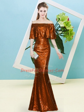 Rust Red Off The Shoulder Zipper Sequins Prom Party Dress Half Sleeves
