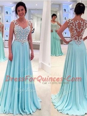 Stunning Aqua Blue Sleeveless Floor Length Appliques Zipper Prom Gown