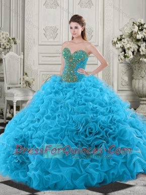 Latest Beaded and Ruffled Baby Blue Quinceanera Dress with Chapel Train