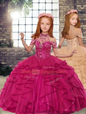 Fantastic Fuchsia Sleeveless Tulle Lace Up Little Girl Pageant Gowns for Party and Wedding Party