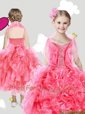 Lovely Spaghetti Straps Little Girl Pageant Dress with Beading and Rolling Flowers