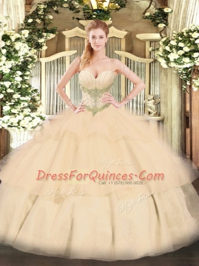 Ball Gowns Sweet 16 Dress Champagne Sweetheart Tulle Sleeveless Floor Length Lace Up