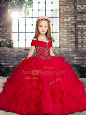 Floor Length Red Girls Pageant Dresses Tulle Sleeveless Beading and Ruffles