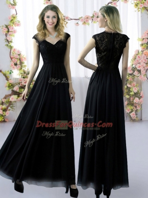 Black Cap Sleeves Floor Length Lace Zipper Damas Dress