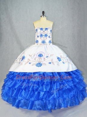 Blue And White Sleeveless Embroidery and Ruffled Layers Asymmetrical Sweet 16 Dress