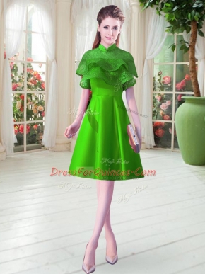 Satin High-neck Cap Sleeves Lace Up Ruffled Layers Prom Gown in Green