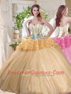 Gorgeous Beaded and Bubble Organza Cheap Quinceanera Dress in Gold