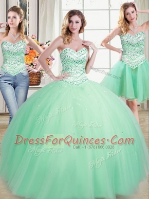 Decent Three Piece Apple Green Tulle Lace Up Sweetheart Sleeveless Floor Length 15th Birthday Dress Beading