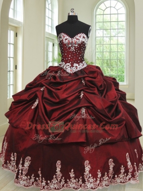 Sexy Wine Red Ball Gowns Sweetheart Sleeveless Taffeta Floor Length Lace Up Beading and Appliques and Pick Ups Ball Gown Prom Dress