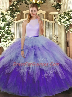 High-neck Sleeveless Tulle Quinceanera Dresses Ruffles Backless