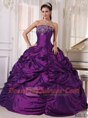 Purple Taffeta Pick Ups Strapless Beading and Appliques Ball Gown Dress