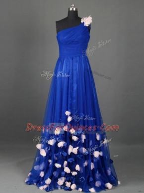 Glittering Sleeveless Side Zipper Floor Length Beading and Hand Made Flower Prom Gown