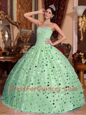 Quinceanera Dress In Apple Green Ball Gown With Sweetheart Floor-length Tulle Sequins In 2013
