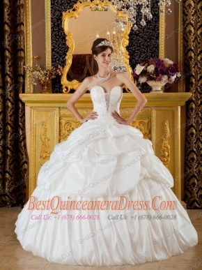 White Ball Gown Strapless Floor-length Taffeta Beading Quinceanera Dress