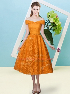 Fantastic Cap Sleeves Lace Tea Length Lace Up Dama Dress in Orange Red with Bowknot