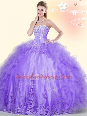 Sleeveless Tulle Floor Length Lace Up Quinceanera Dress in Lavender with Beading and Appliques and Ruffles