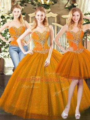 High Class Three Pieces Quinceanera Dresses Orange Red Sweetheart Tulle Sleeveless Floor Length Lace Up