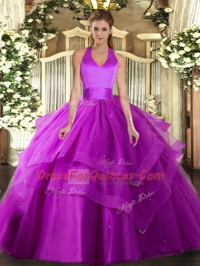 Sexy Fuchsia Sleeveless Floor Length Ruffled Layers Lace Up Vestidos de Quinceanera