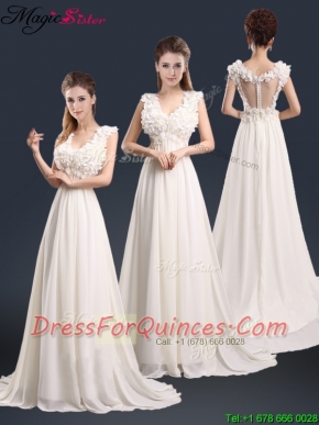 2016 Pretty V Neck Empire Prom Dresses with Appliques