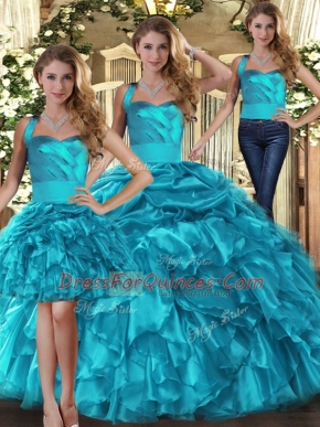 Teal Sleeveless Floor Length Ruffles and Pick Ups Lace Up 15th Birthday Dress