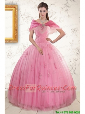 2015 Pretty Pink Quinceaneras Dresses with Appliques and Beading