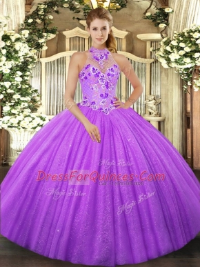 Halter Top Sleeveless Lace Up Sweet 16 Quinceanera Dress Lavender Tulle