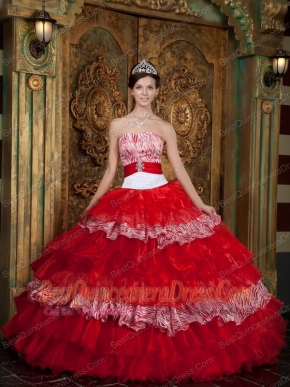2013 Red and White Zebra Print Strapless Organza Ruffles Quinceanera Dress