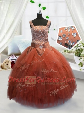 Straps Sleeveless Tulle Flower Girl Dresses Beading and Ruffles Lace Up