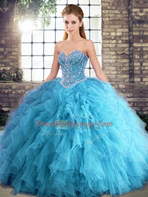 Gorgeous Aqua Blue Quinceanera Dress Military Ball and Sweet 16 and Quinceanera with Beading and Ruffles Sweetheart Sleeveless Lace Up
