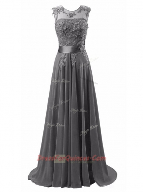 Scoop Sleeveless Brush Train Beading and Appliques Lace Up Homecoming Dress