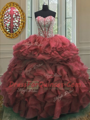 Top Selling Floor Length Lace Up Sweet 16 Dresses Pink for Military Ball and Sweet 16 and Quinceanera with Beading and Ruffles