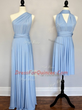 Light Blue One Shoulder Lace Up Ruching Dama Dress Sleeveless