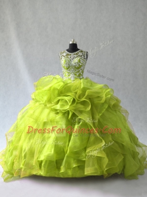 On Sale Yellow Green Ball Gowns Beading and Ruffles 15 Quinceanera Dress Lace Up Organza Sleeveless Floor Length