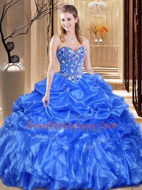 Top Selling Sleeveless Floor Length Lace and Appliques Lace Up Quinceanera Gowns with Royal Blue