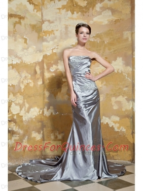 Prom Dress Grey Column Strapless Court Train Silk Like Satin Beading