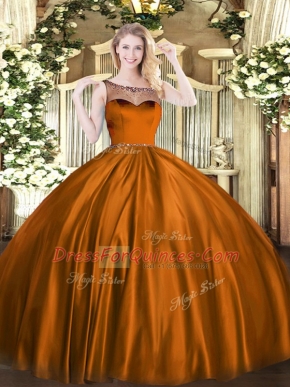 Brown Ball Gowns Satin Scoop Sleeveless Beading Floor Length Zipper Sweet 16 Quinceanera Dress
